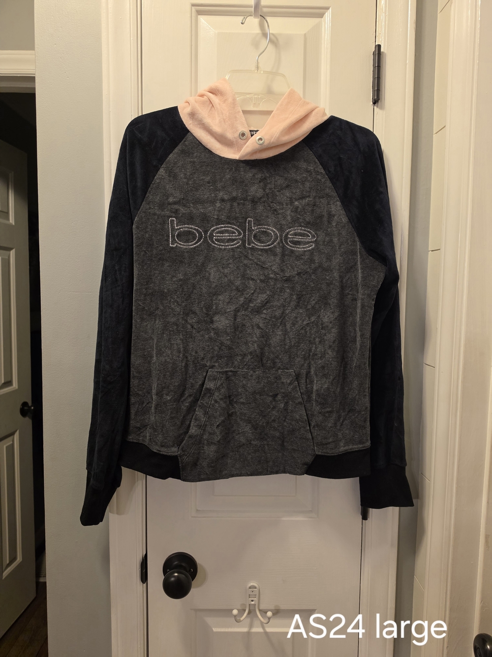 Bebe Charcoal Gray & Navy Velour Hoodie with Pink Hood